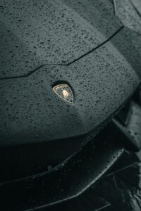 Detailed shot of Lamborghini emblem on a wet car hood showcasing luxury and elegance.